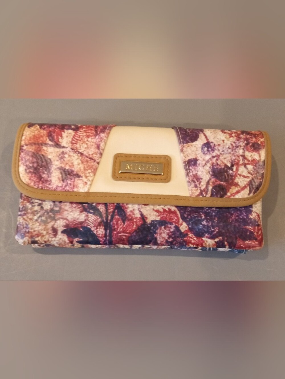 Miche Maria Purple & Pink Floral Clutch with Cream and Tan Accents